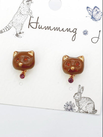 Cute Colorful Cat Face and Bell Earrings, Kawaii Kitty Studs, Titanium Post