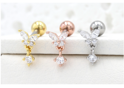 Butterfly Drop Barbell Earrings – Purple & Clear CZ | Cartilage Piercing | 8TTITTO8