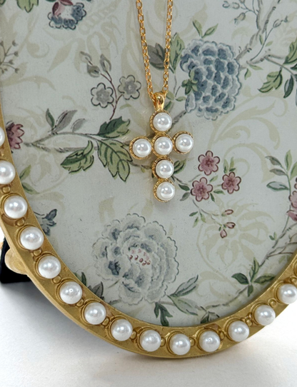 Sterling Silver Pearl Cross Necklace with Swarovski Pearls