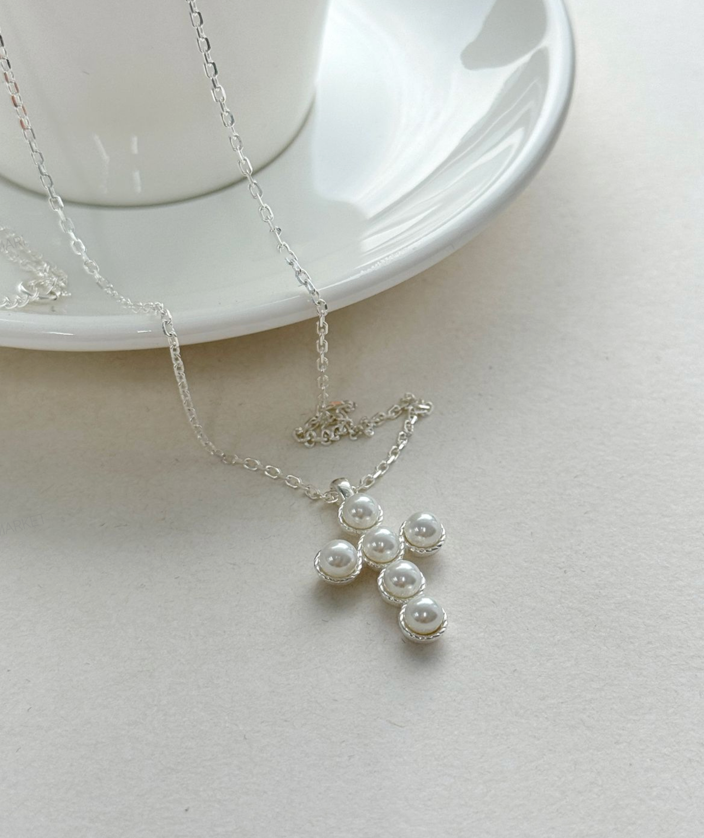 Sterling Silver Pearl Cross Necklace with Swarovski Pearls