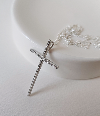 925 Sterling Silver Pave Setting Cross Pendant Necklace l Minimalist Long Chain Necklace