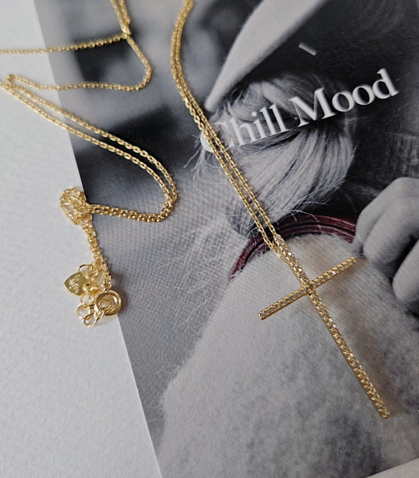 925 Sterling Silver Pave Setting Cross Pendant Necklace l Minimalist Long Chain Necklace