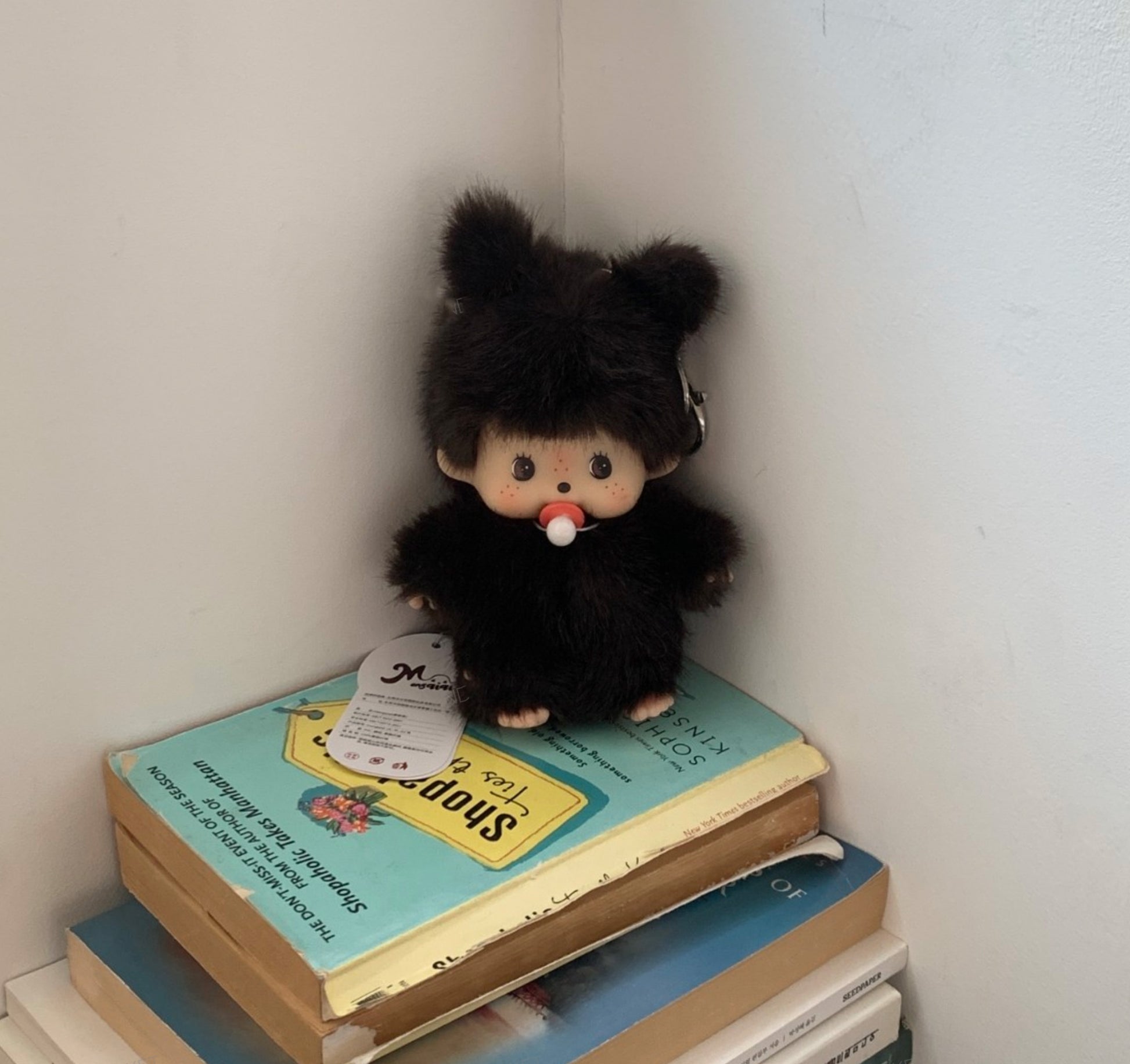 Plush doll keychain in dark fur with ears, standing on stacked books in a room corner, giving a cozy shelf vibe.