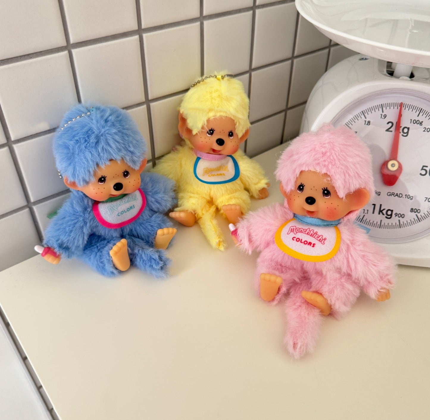 Monchhichi Plush Keychain, Soft Kawaii Bag Charm, Yellow Pink Blue