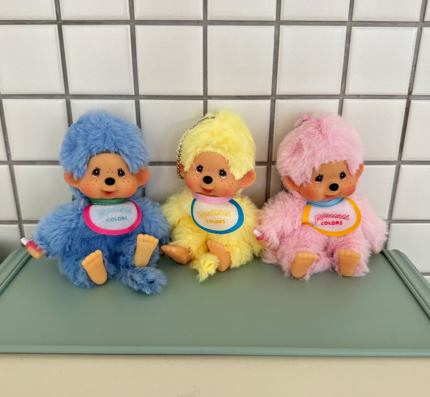Monchhichi Plush Keychain, Soft Kawaii Bag Charm, Yellow Pink Blue