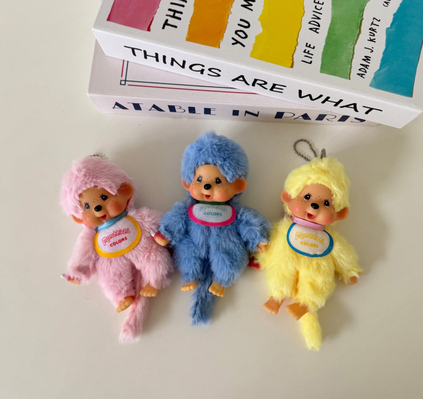 Monchhichi Plush Keychain, Soft Kawaii Bag Charm, Yellow Pink Blue