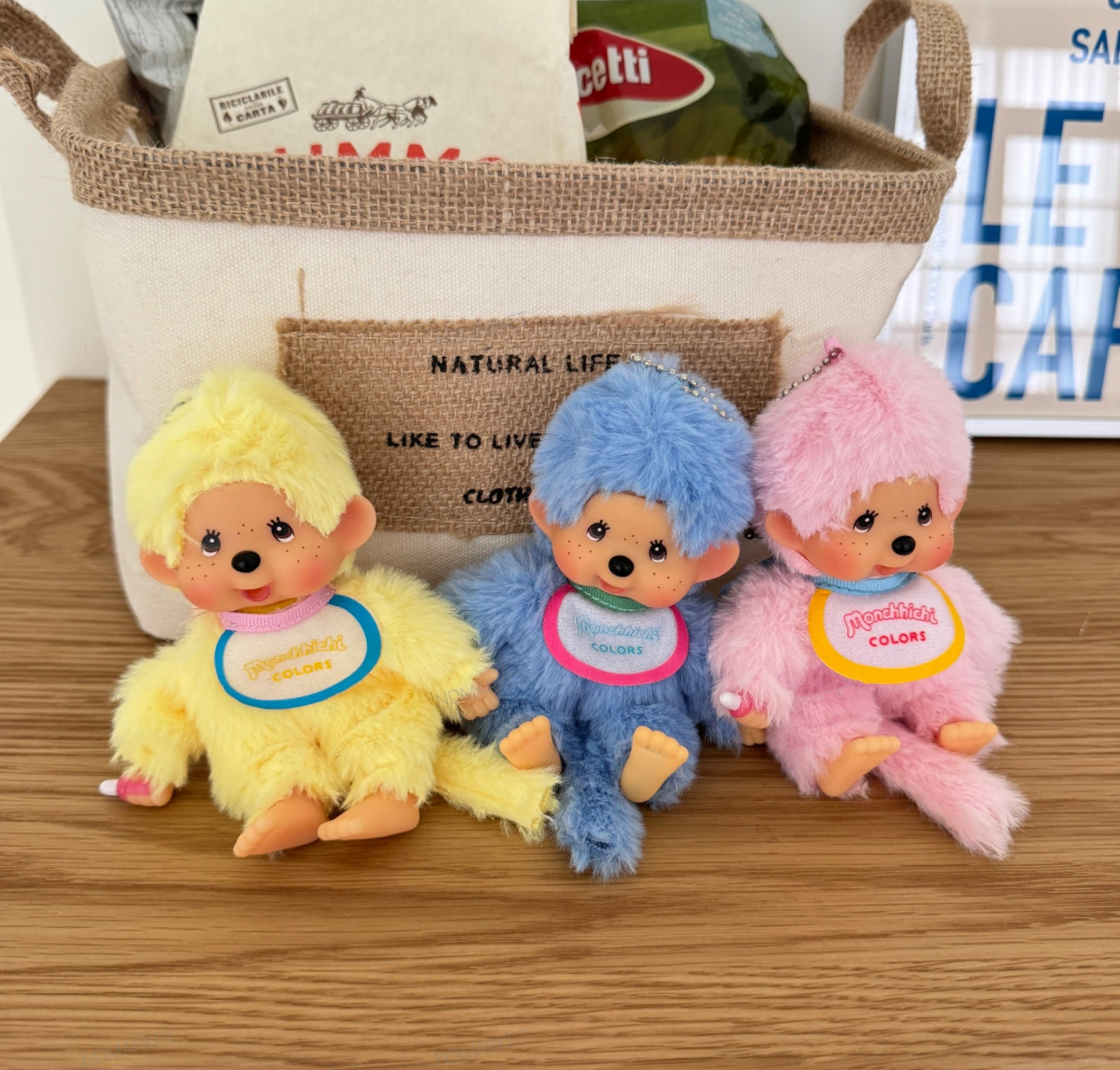 Monchhichi Plush Keychain, Soft Kawaii Bag Charm, Yellow Pink Blue