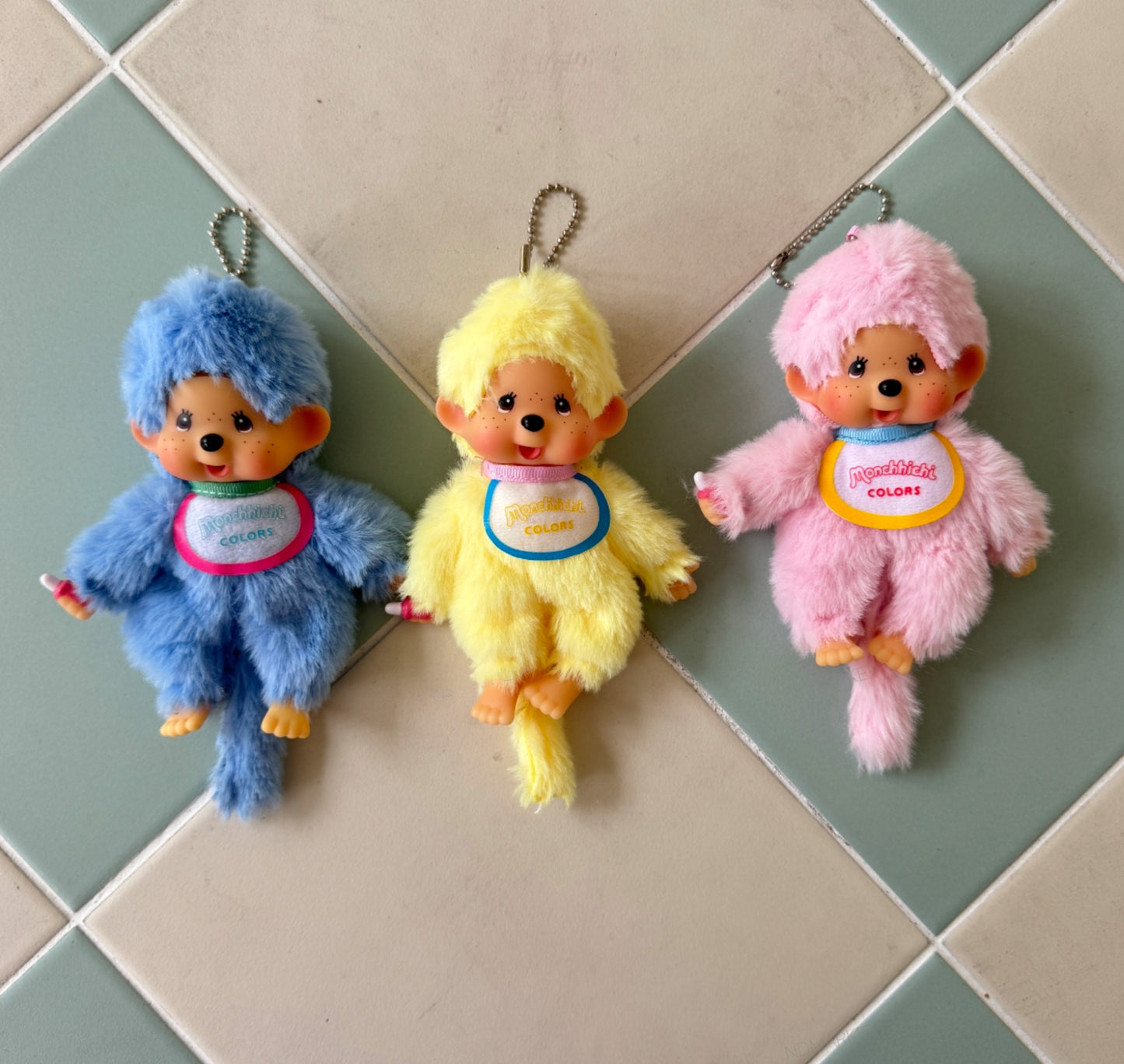 Monchhichi Plush Keychain, Soft Kawaii Bag Charm, Yellow Pink Blue