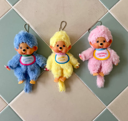Monchhichi Plush Keychain, Soft Kawaii Bag Charm, Yellow Pink Blue