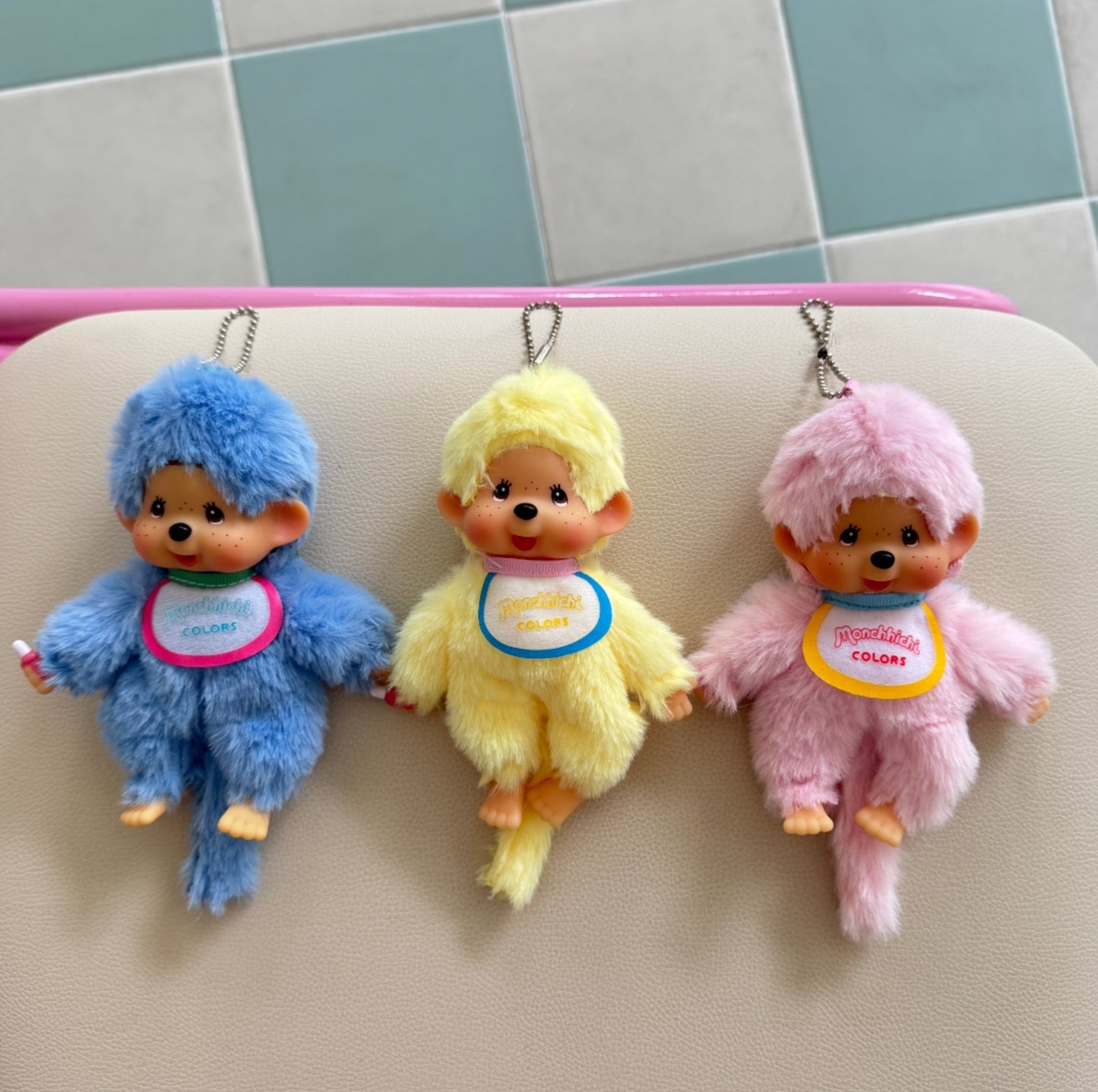 Monchhichi Plush Keychain, Soft Kawaii Bag Charm, Yellow Pink Blue
