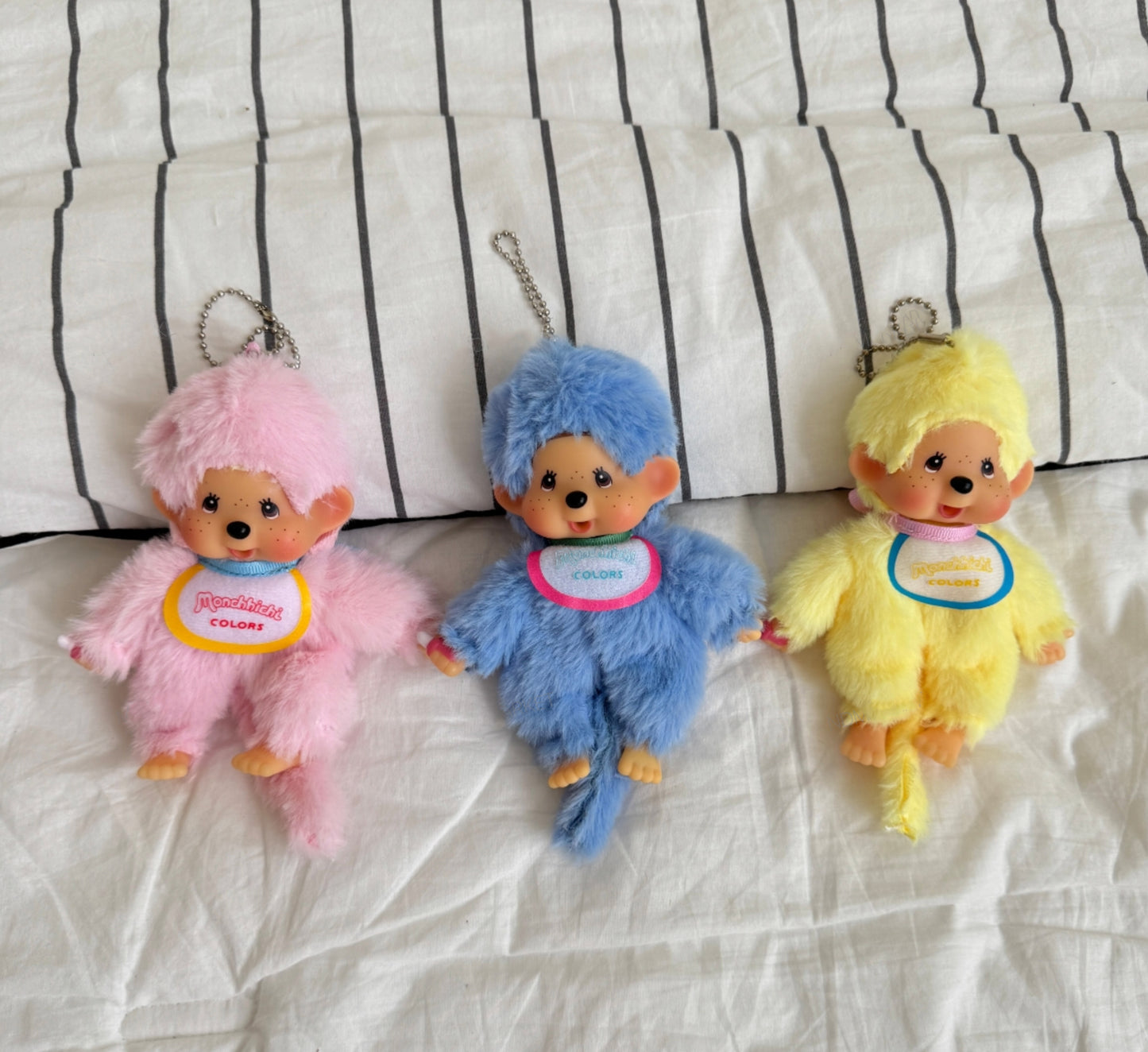 Monchhichi Plush Keychain, Soft Kawaii Bag Charm, Yellow Pink Blue
