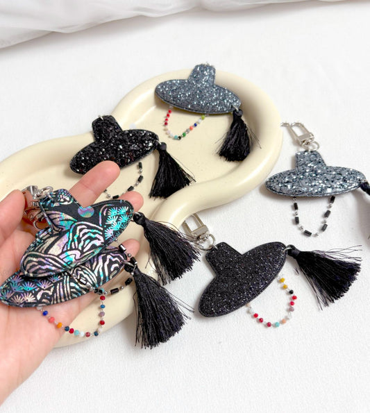 Korean Gat Hat Keychain – Aurora Sipjangsaeng Longevity Charm, K-Drama Inspired Tassel Keyring (Rainbow/Black & White) k-pop accessories