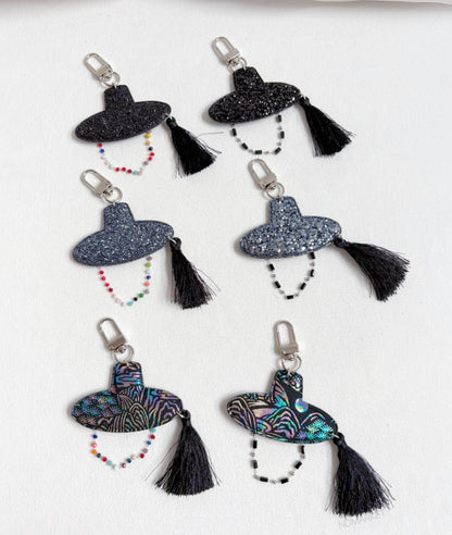 Korean Gat Hat Keychain – Aurora Sipjangsaeng Longevity Charm, K-Drama Inspired Tassel Keyring (Rainbow/Black & White) k-pop accessories