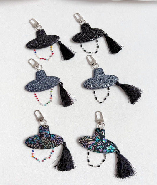 Korean Gat Hat Keychain – Aurora Sipjangsaeng Longevity Charm, K-Drama Inspired Tassel Keyring (Rainbow/Black & White) k-pop accessories