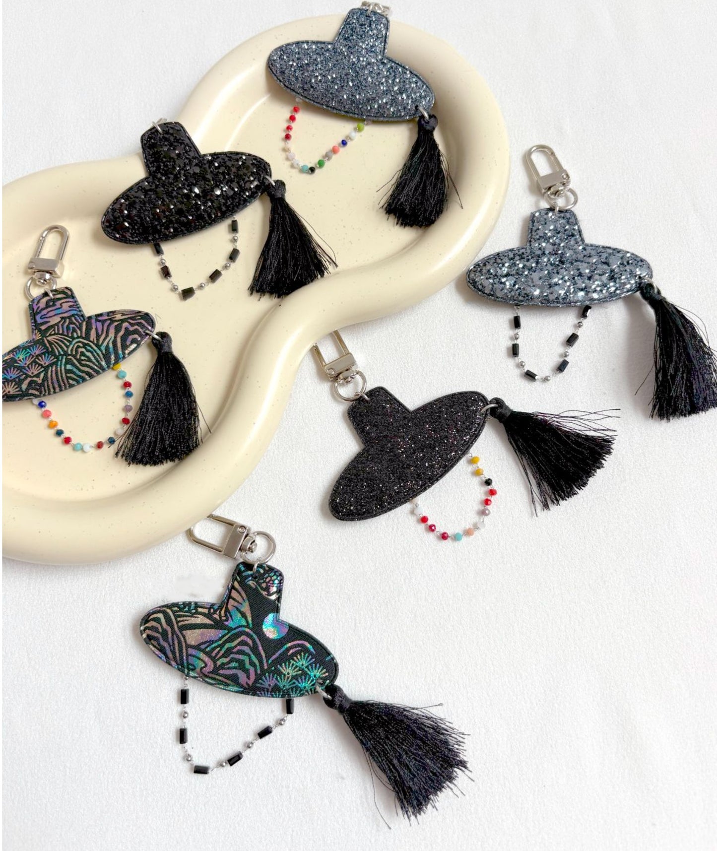 Korean Gat Hat Keychain – Aurora Sipjangsaeng Longevity Charm, K-Drama Inspired Tassel Keyring (Rainbow/Black & White) k-pop accessories