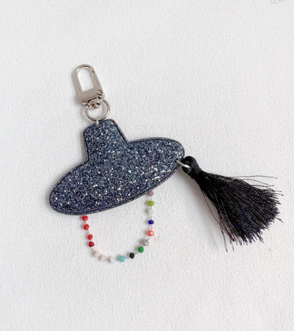 Korean Gat Hat Keychain – Aurora Sipjangsaeng Longevity Charm, K-Drama Inspired Tassel Keyring (Rainbow/Black & White) k-pop accessories