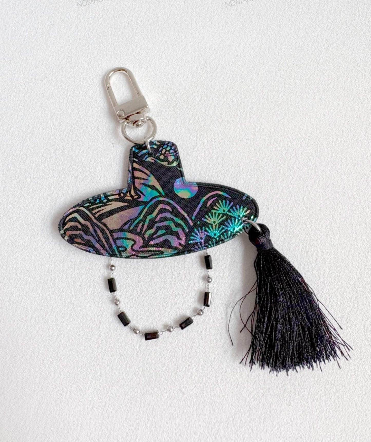Korean Gat Hat Keychain – Aurora Sipjangsaeng Longevity Charm, K-Drama Inspired Tassel Keyring (Rainbow/Black & White) k-pop accessories