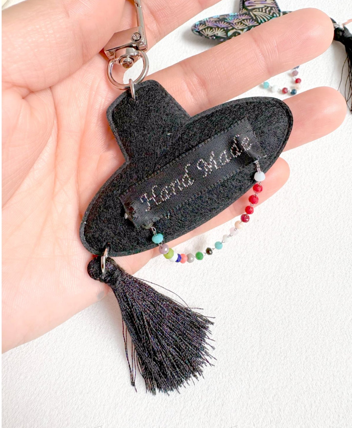Korean Gat Hat Keychain – Aurora Sipjangsaeng Longevity Charm, K-Drama Inspired Tassel Keyring (Rainbow/Black & White) k-pop accessories