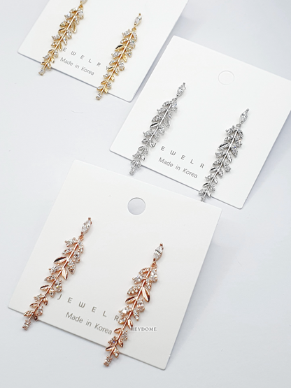 Olive Leaf CZ Drop Earrings - Wedding Jewelry with Silver Post