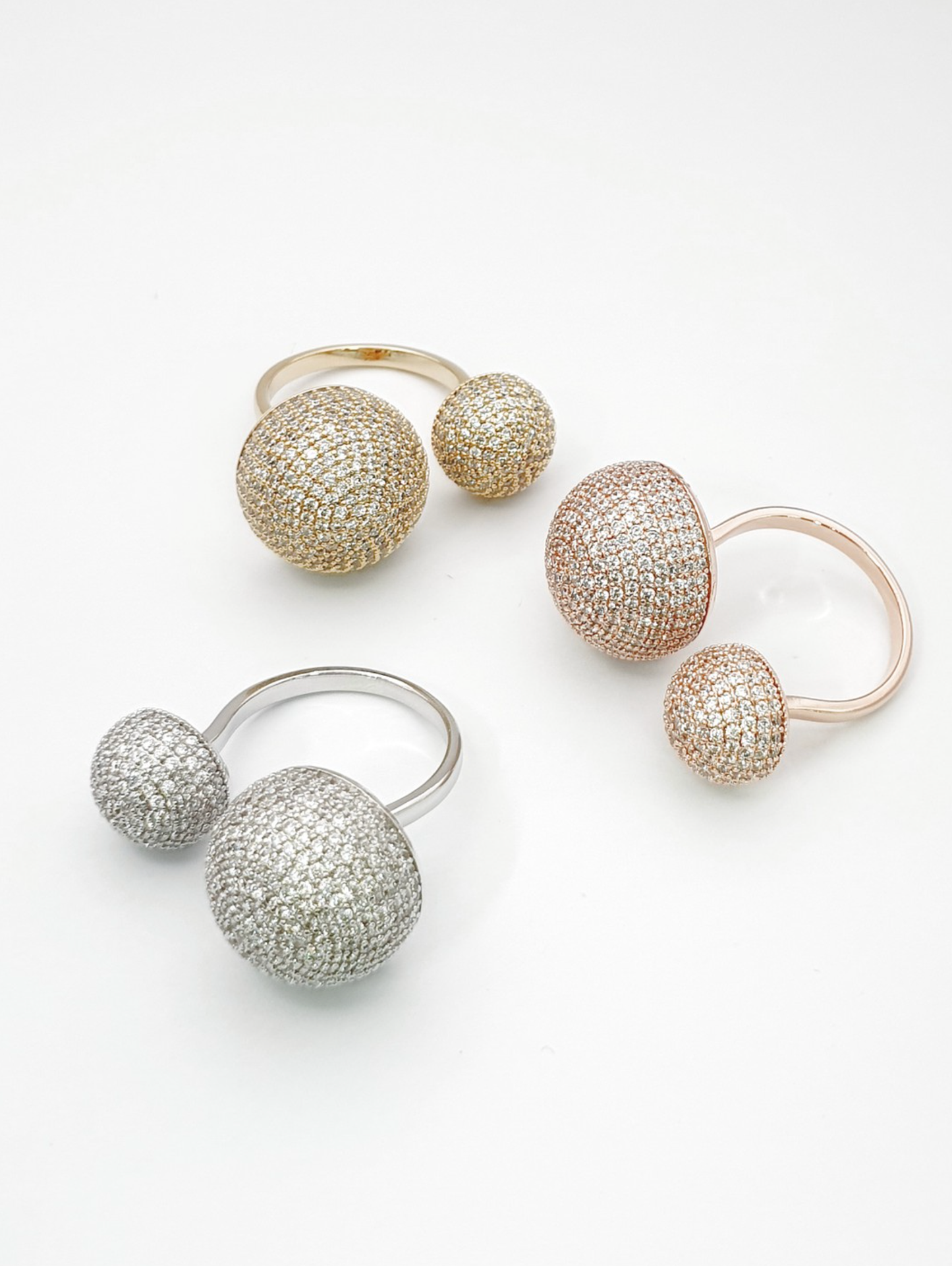 Bold Double-Dome Pavé Open Ring (Free Size) – Gold, Silver & Rose Gold