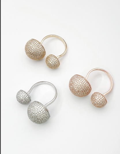 Bold Double-Dome Pavé Open Ring (Free Size) – Gold, Silver & Rose Gold