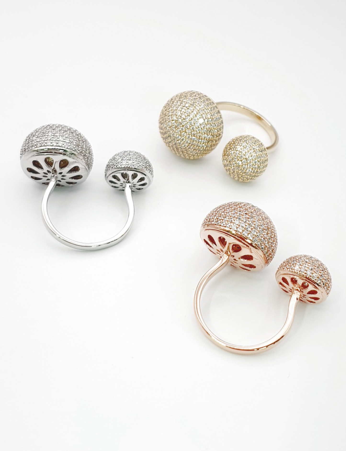 Bold Double-Dome Pavé Open Ring (Free Size) – Gold, Silver & Rose Gold