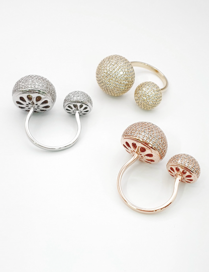 Bold Double-Dome Pavé Open Ring (Free Size) – Gold, Silver & Rose Gold