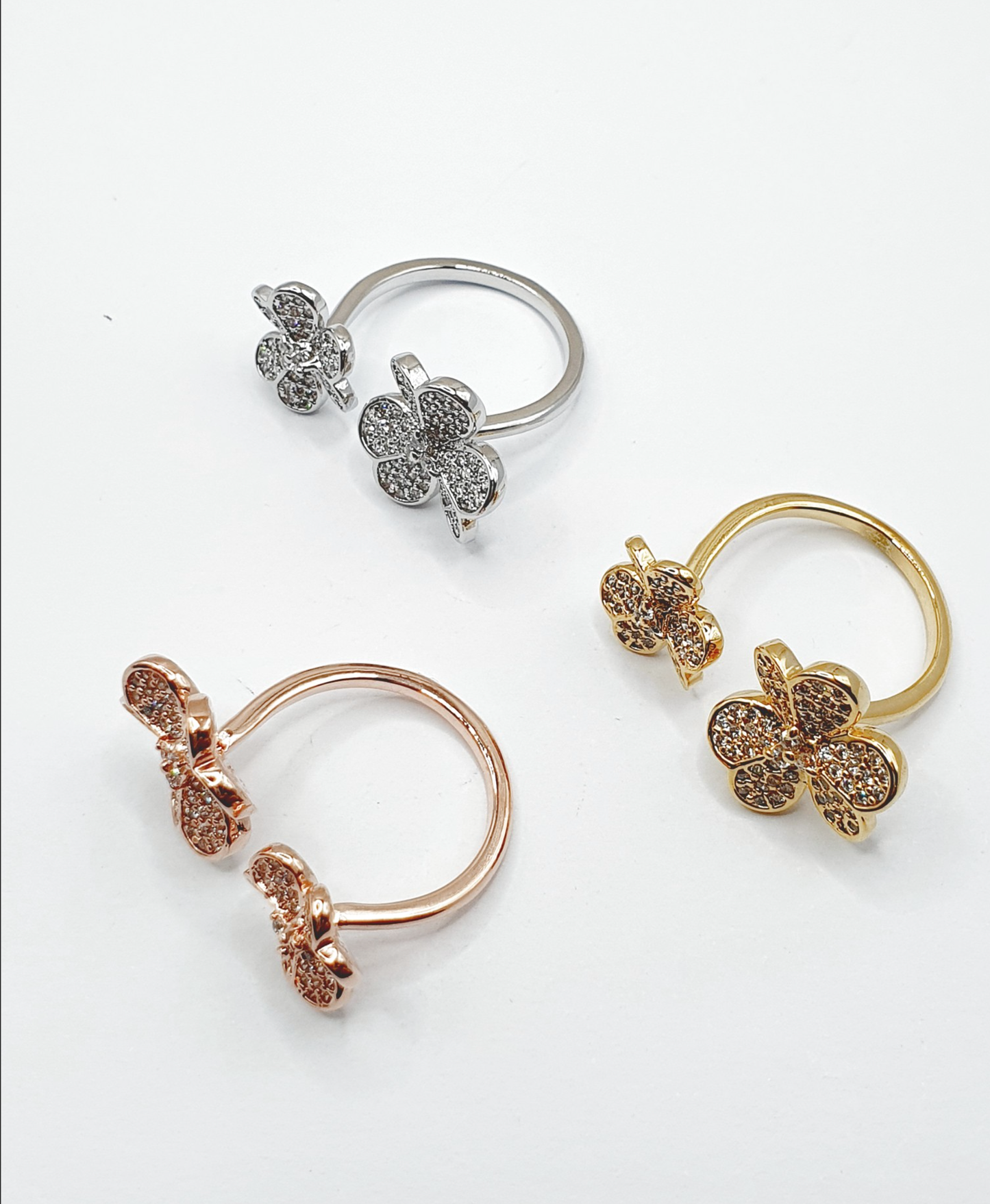 Lucky Clover Pavé Adjustable Ring — Sparkling Statement Cocktail Ring for Women, Gold Silver Rose Gold, Luxury Four-Leaf Clover Jewelry Gift