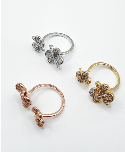 Lucky Clover Pavé Adjustable Ring — Sparkling Statement Cocktail Ring for Women, Gold Silver Rose Gold, Luxury Four-Leaf Clover Jewelry Gift