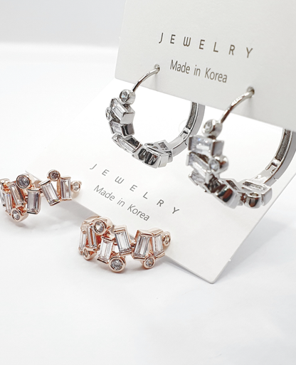 Geometric Bezel Setting Huggie Hoop Earrings - Brass Silver Post