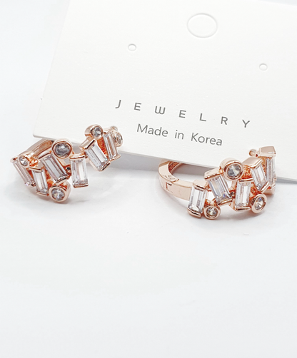 Geometric Bezel Setting Huggie Hoop Earrings - Brass Silver Post