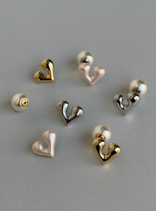 Heart Pearl Two-Way Earrings - Silver, Gold & Pink