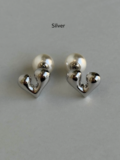 Heart Pearl Two-Way Earrings - Silver, Gold & Pink