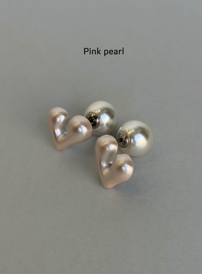 Heart Pearl Two-Way Earrings - Silver, Gold & Pink