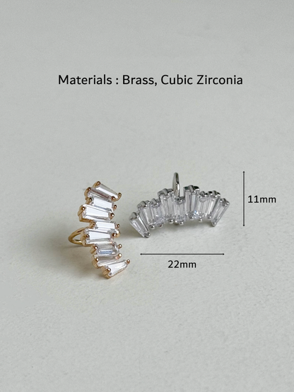 Gold and silver baguette-cut cubic zirconia ear cuffs with measurements shown as 22mm width and 11mm height, brass material, handmade in Korea