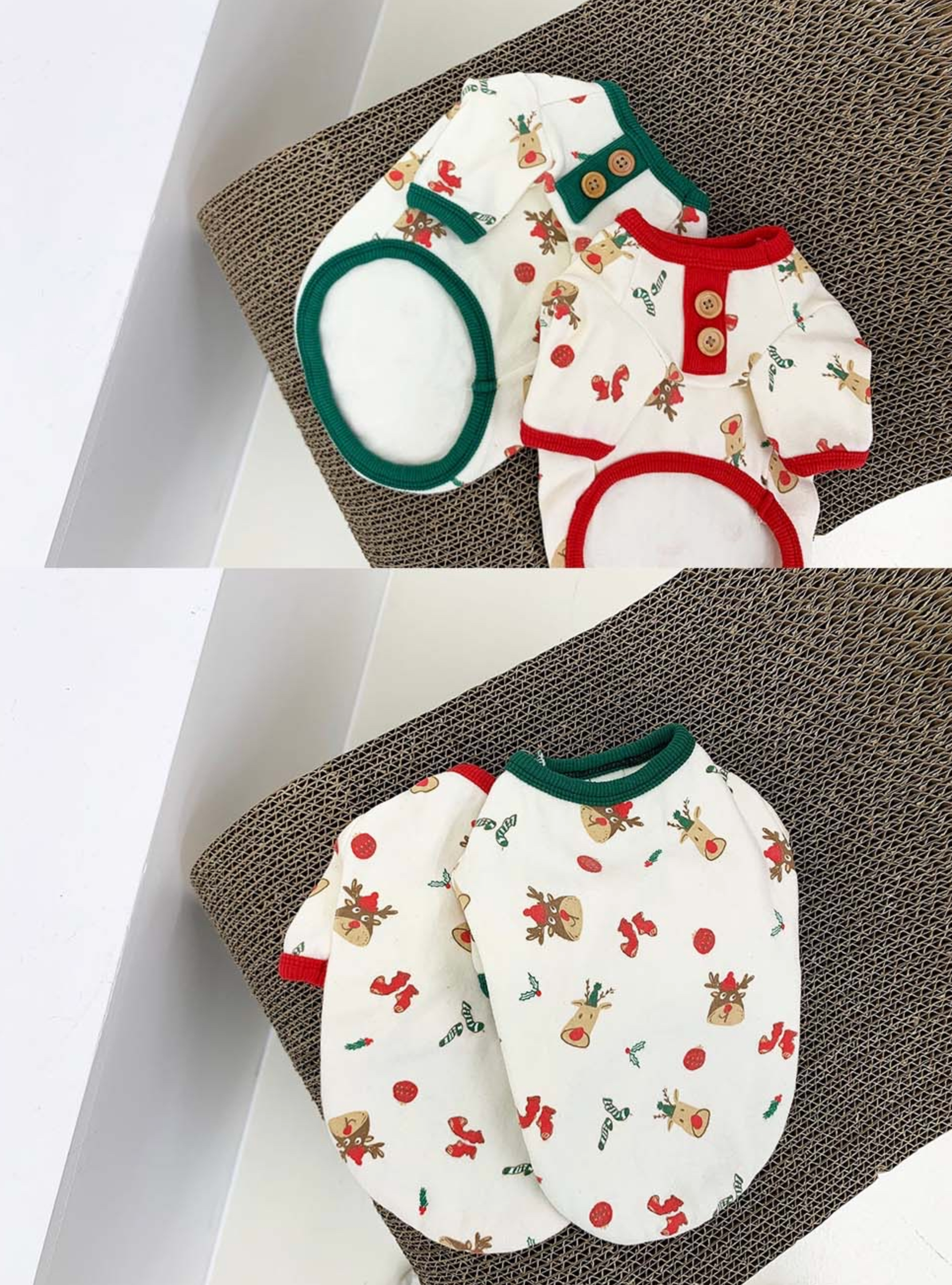 Two Christmas-themed dog shirts placed side by side on a textured surface. One trimmed in red and the other in green, both showcasing festive prints.