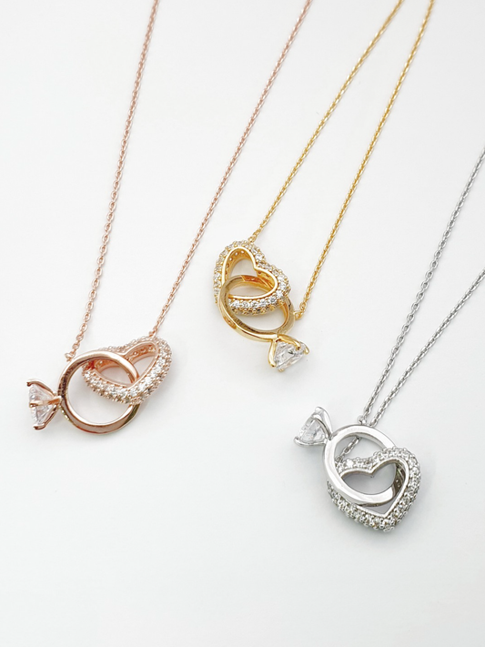 Three color options - gold rose gold silver heart ring necklaces