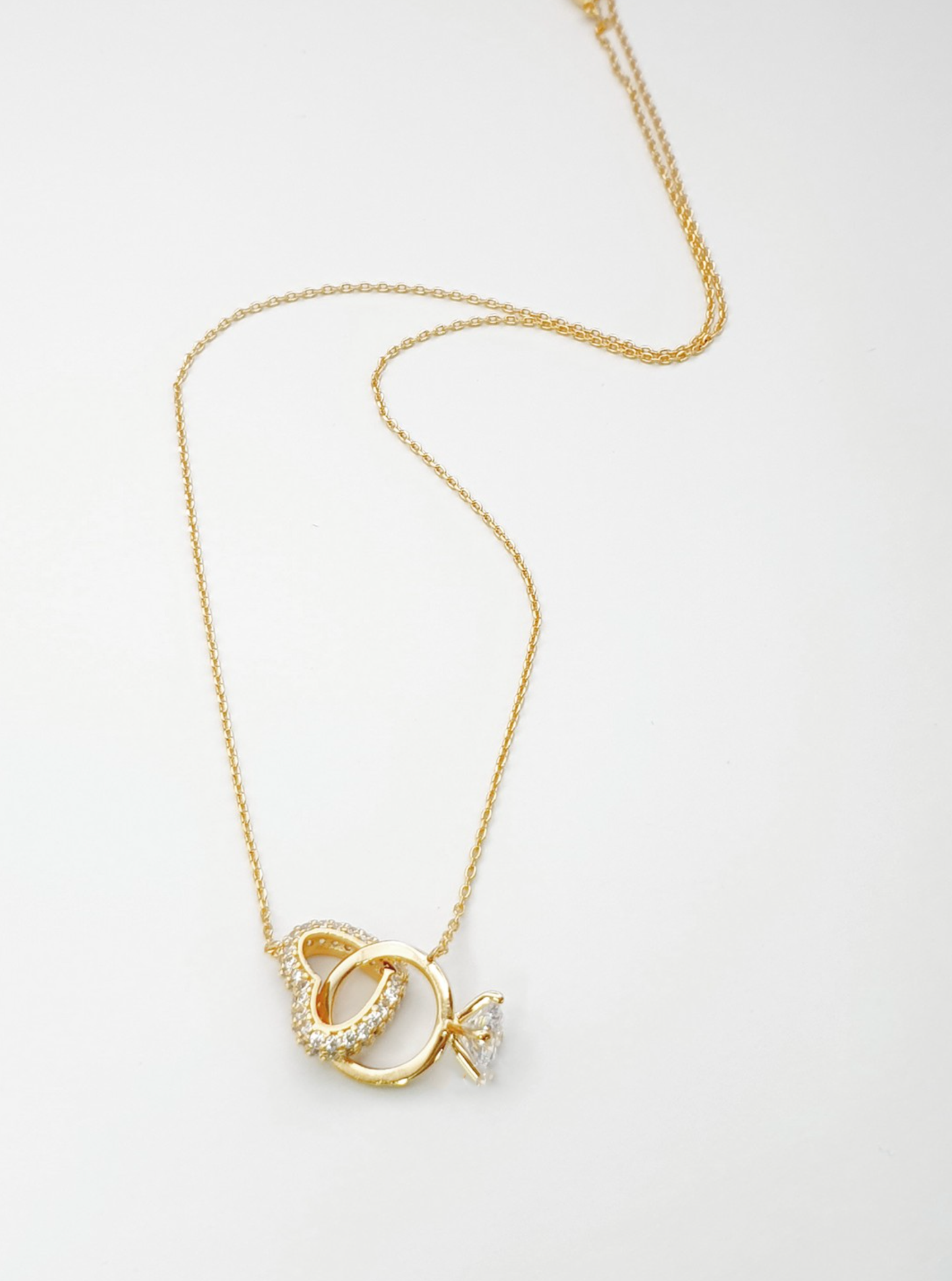 Interlocking Heart & Ring Pendant Necklace - Pavé CZ Diamond Setting, 14K Gold/Rose Gold/Silver Plated Brass, Promise Necklace for Girlfriend, Anniversary Gift