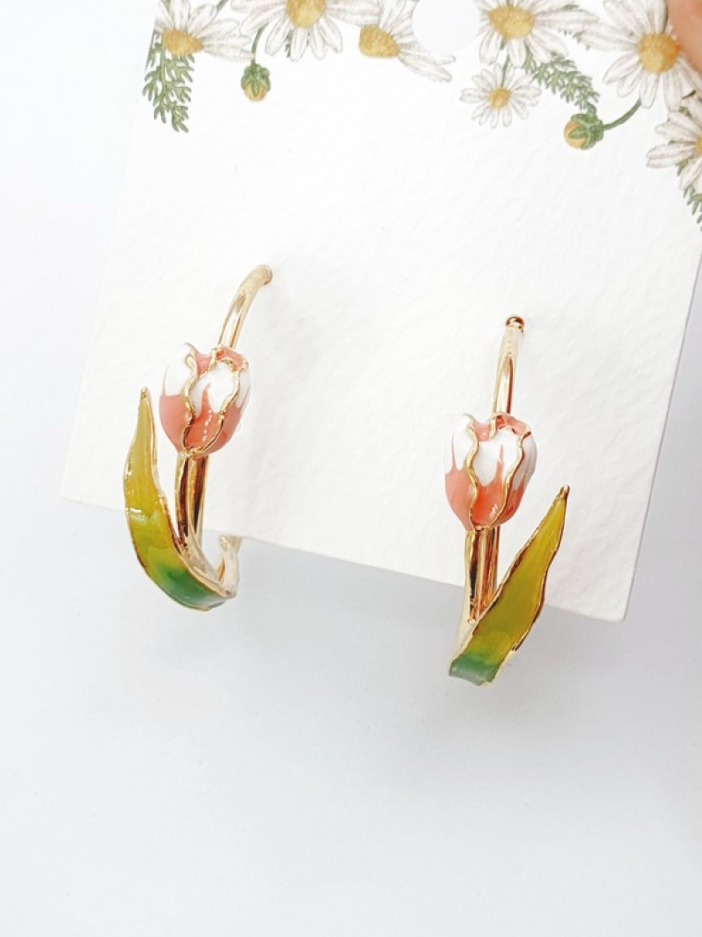 Handmade 3D Watercolor Tulip Flower Hoop Earrings - Titanium Posts
