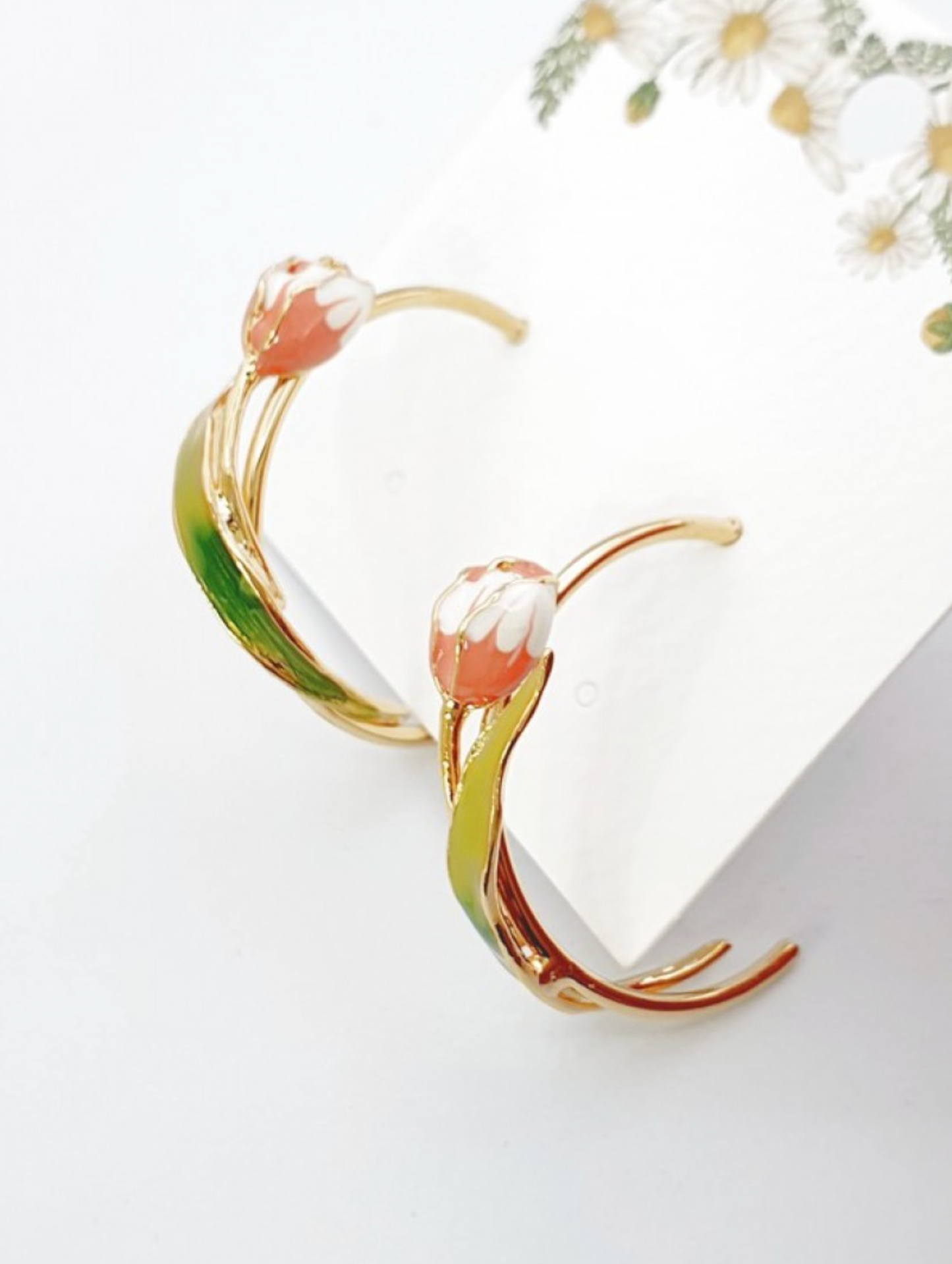 Handmade 3D Watercolor Tulip Flower Hoop Earrings - Titanium Posts