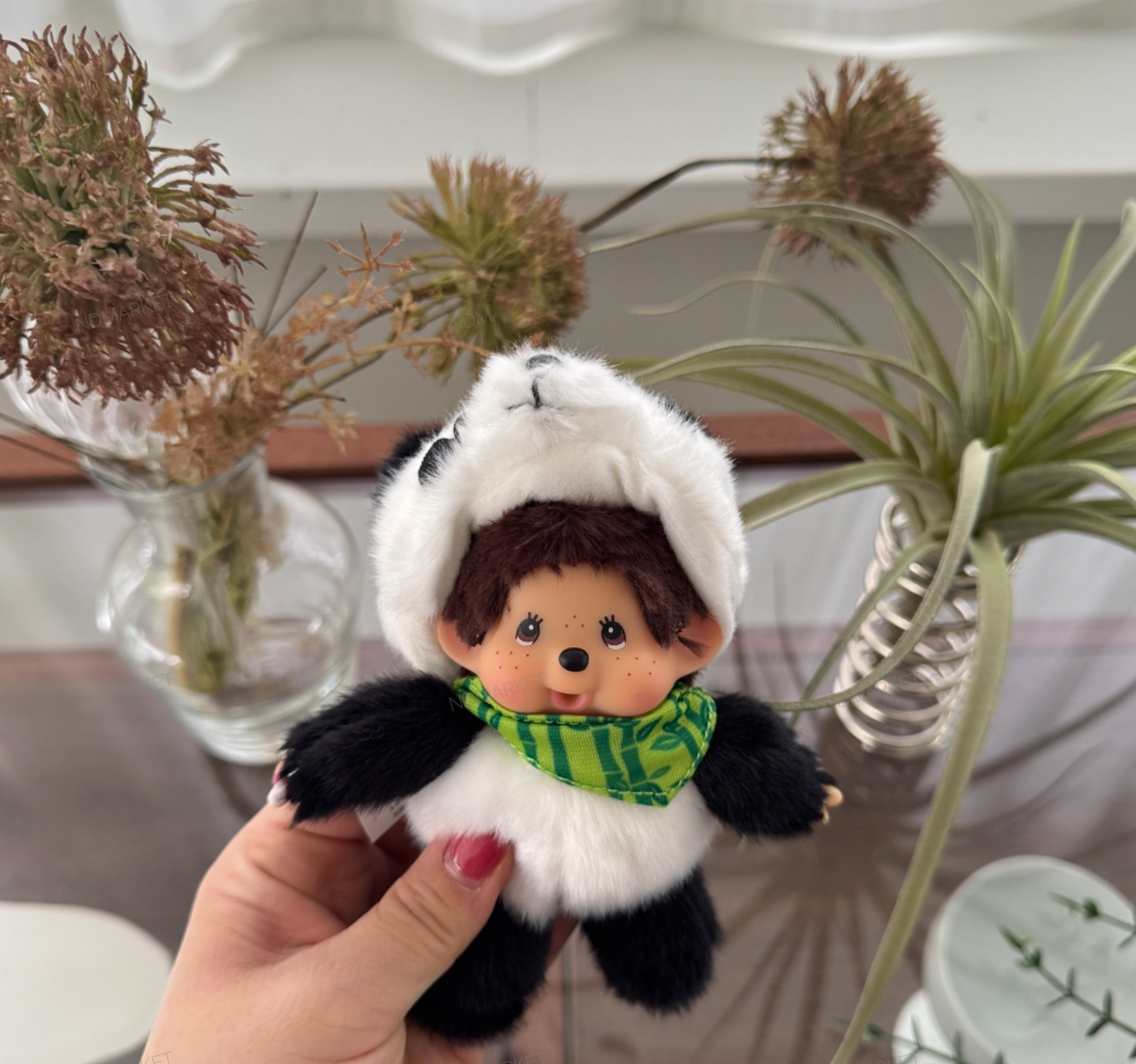 Kawaii Panda Monchhichi Plush Keychain - Bamboo Scarf Bag Charm