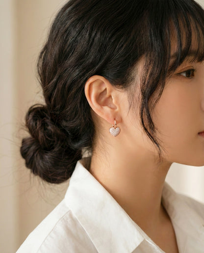 Pave Cubic Zirconia Puffy Heart Huggie Hoop Earrings Gold Silver Rose Gold