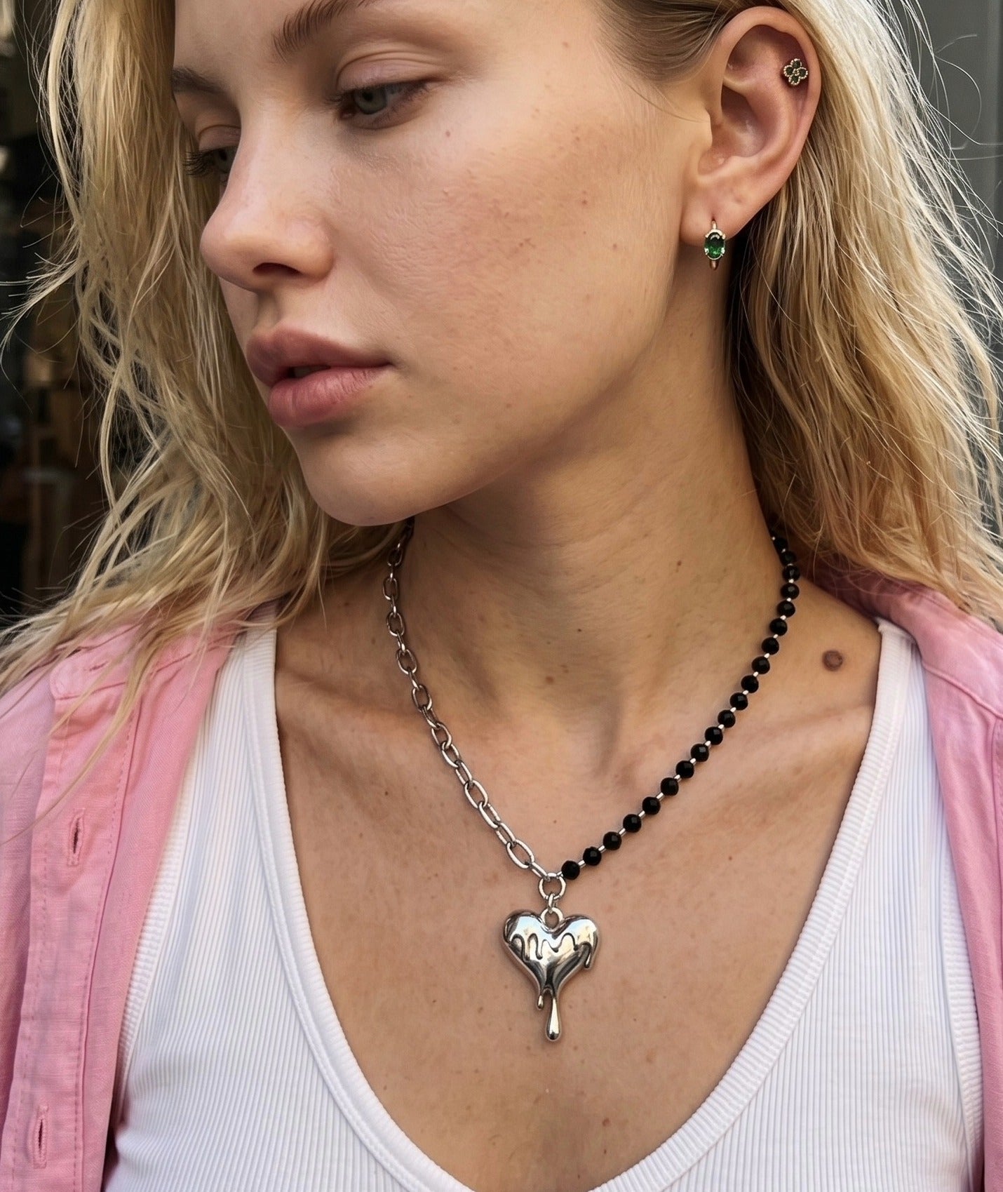 Melting Heart Pendant Necklace Black Bead Chain | K-Style Y2K