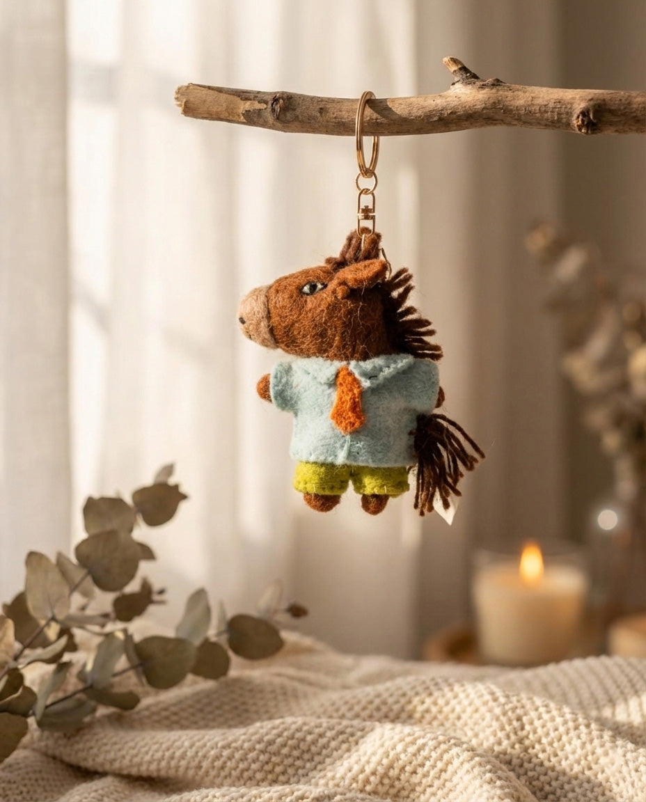 Handmade horse charm hanging on natural branch for whimsical home decor