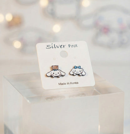 Close up of puppy and bear earrings on display card showing Made in Korea label