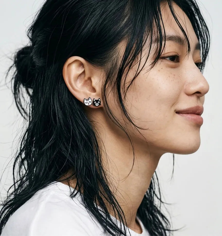 Black Cat & White Cat Mismatch Earrings — The Curated Ear Duo