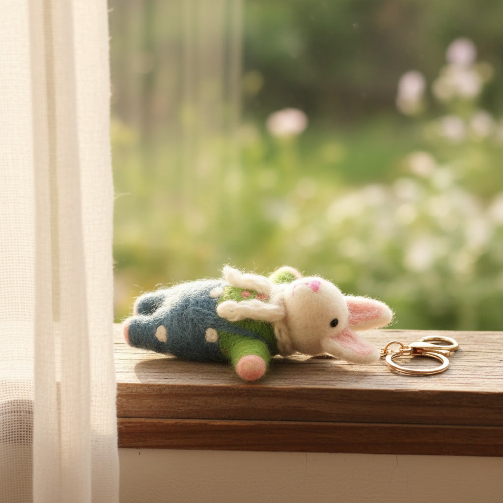 Small plush toy and keychain on a wooden surface with a blurred natural background