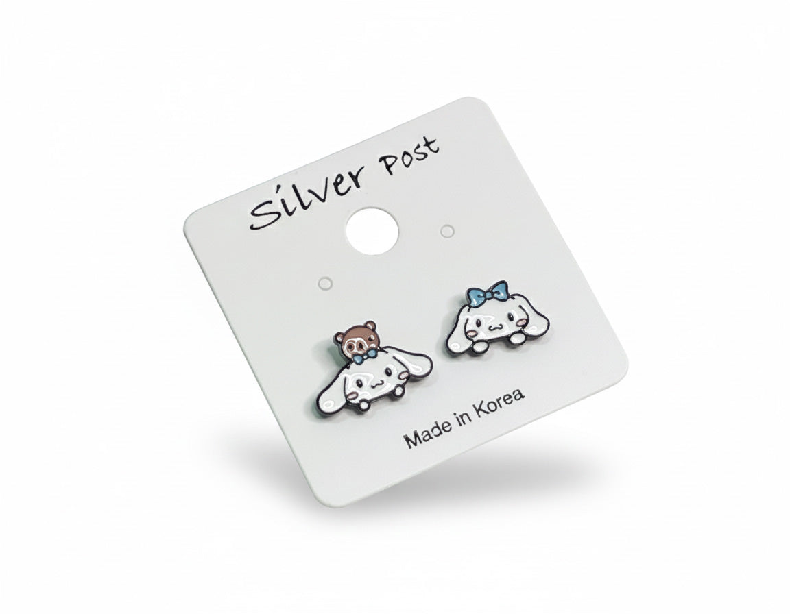 Kawaii Cinnamoroll-Style Puppy & Bear Asymmetric Stud Earrings - 925 Silver Post | Character Jewelry