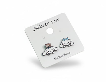 Kawaii Cinnamoroll-Style Puppy & Bear Asymmetric Stud Earrings - 925 Silver Post | Character Jewelry