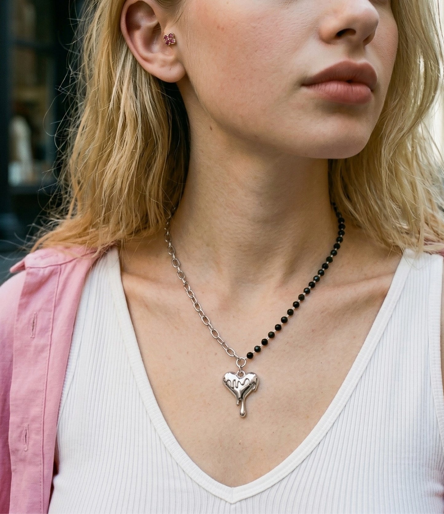 Melting Heart Pendant Necklace Black Bead Chain | K-Style Y2K